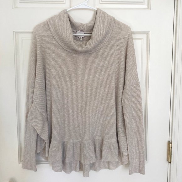 Anthropologie Women's Sweater, Size XS, Tan, Gold Metallic threads - Picture 2 of 8